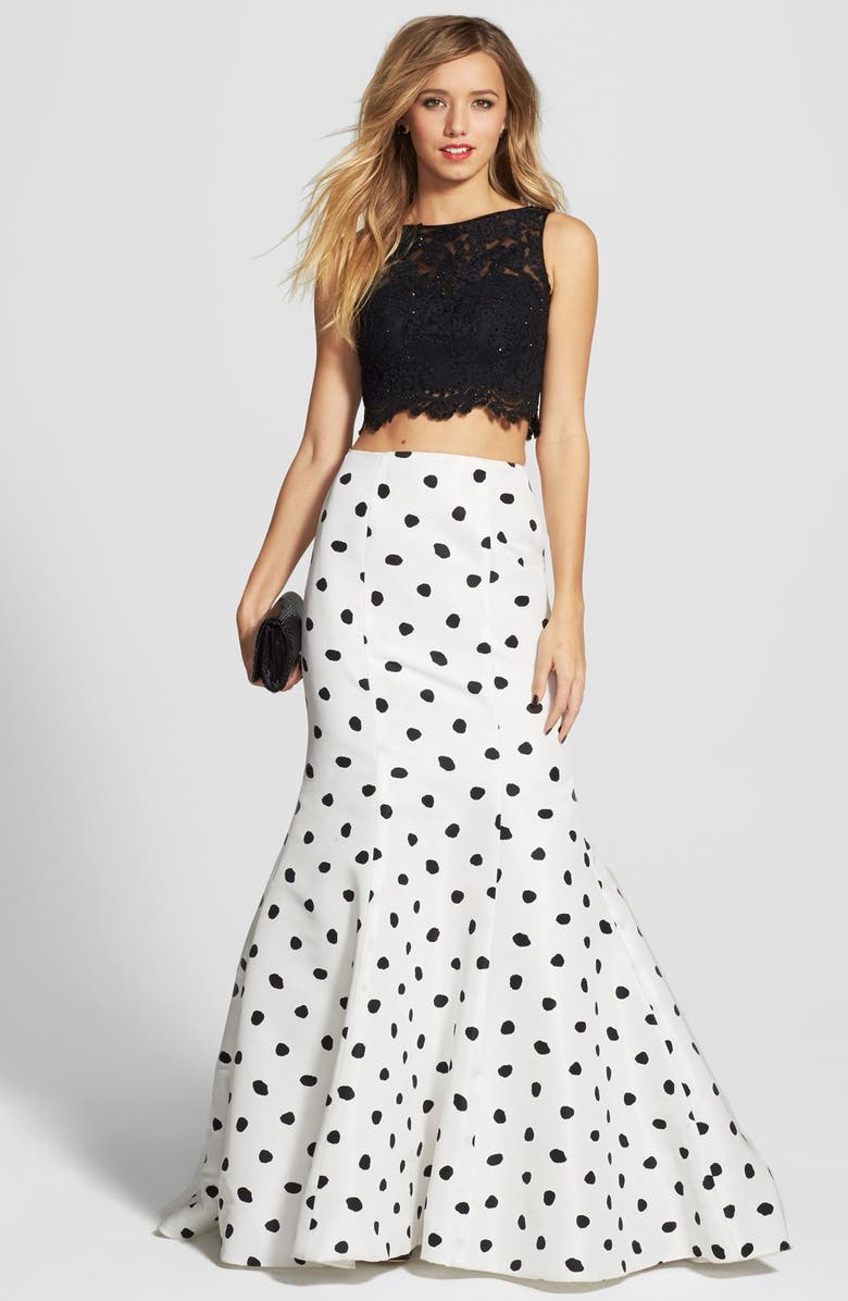 Sherri Hill Embellished Lace Crop Tank & Dotted Mermaid Skirt, Main, color, 