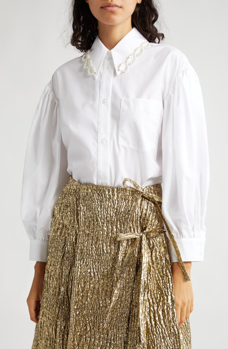 Simone Rocha Pearl Collar Puff Sleeve Button-Up Shirt, Main, color,