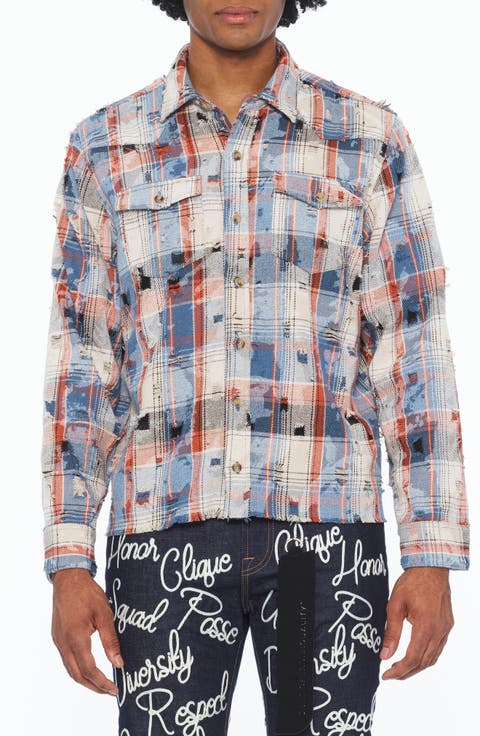 Distressed Long Sleeve Cotton Plaid Shirt