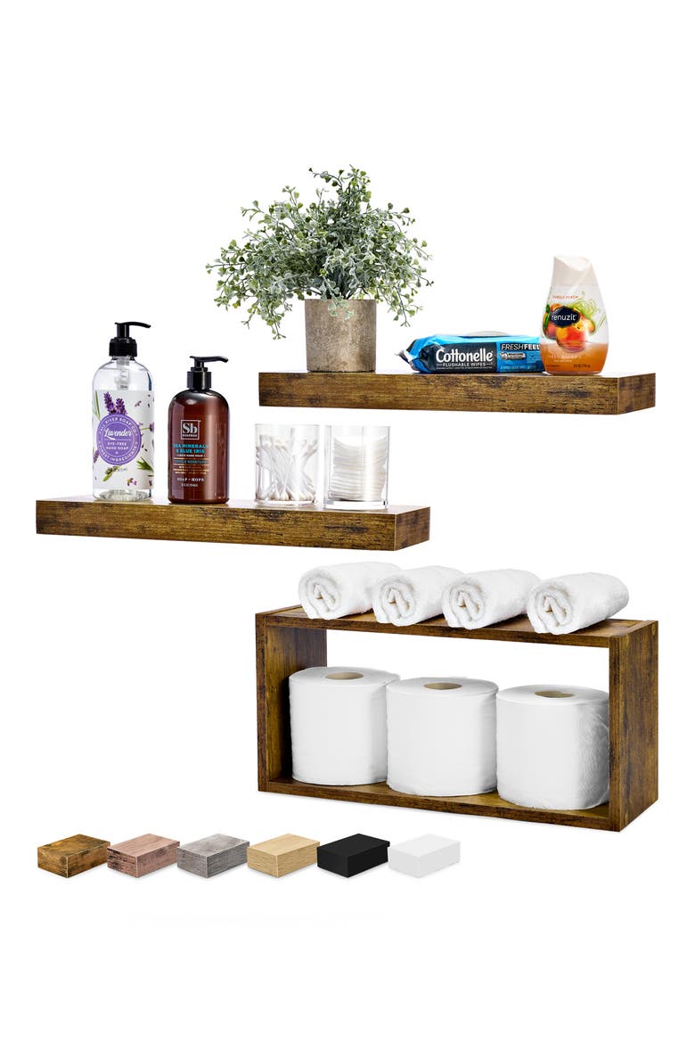 Set of 3 Floating Shelves, Alternate, color, BROWN