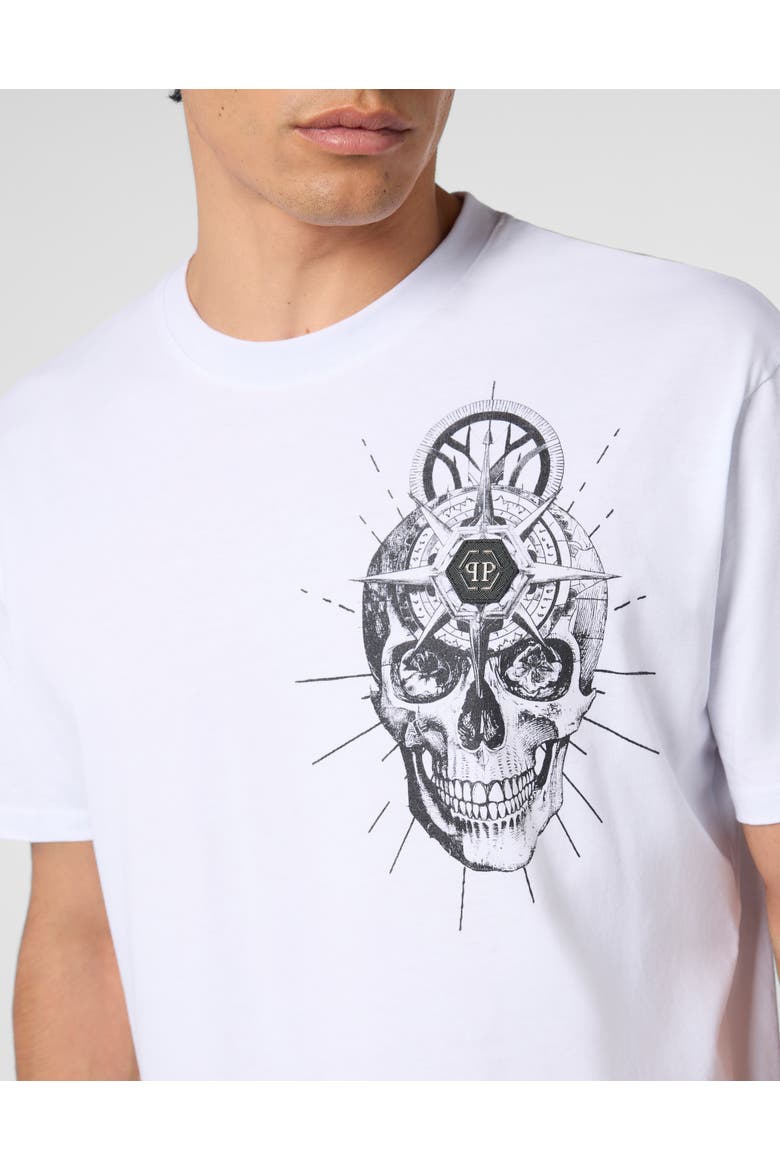 Round Neck T-Shirt Skull Tattoo Men, Alternate, color, white
