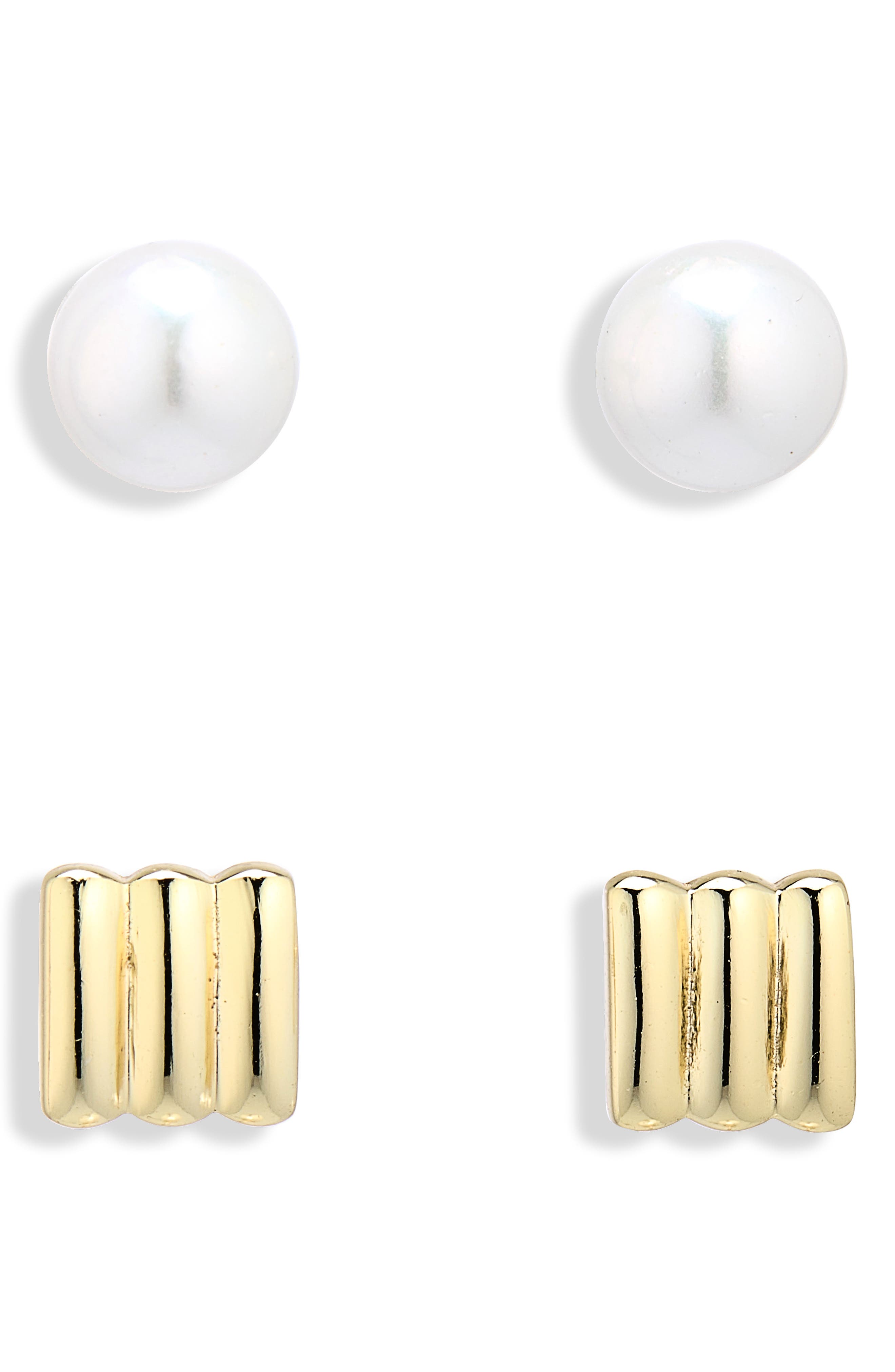 ARGENTO VIVO Set of 2 Freshwater Pearl and Rib Stud Earrings
