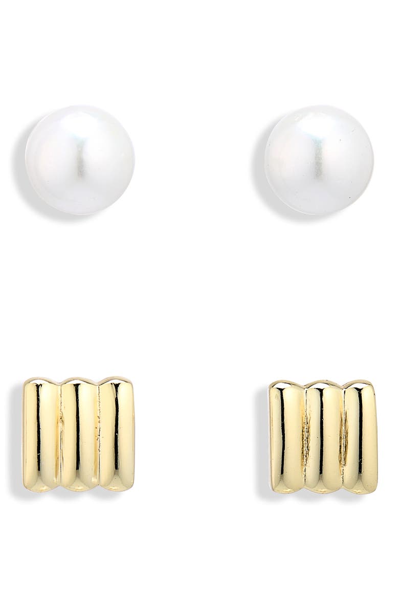 Set of 2 Freshwater Pearl and Rib Stud Earrings, Main, color, GOLD