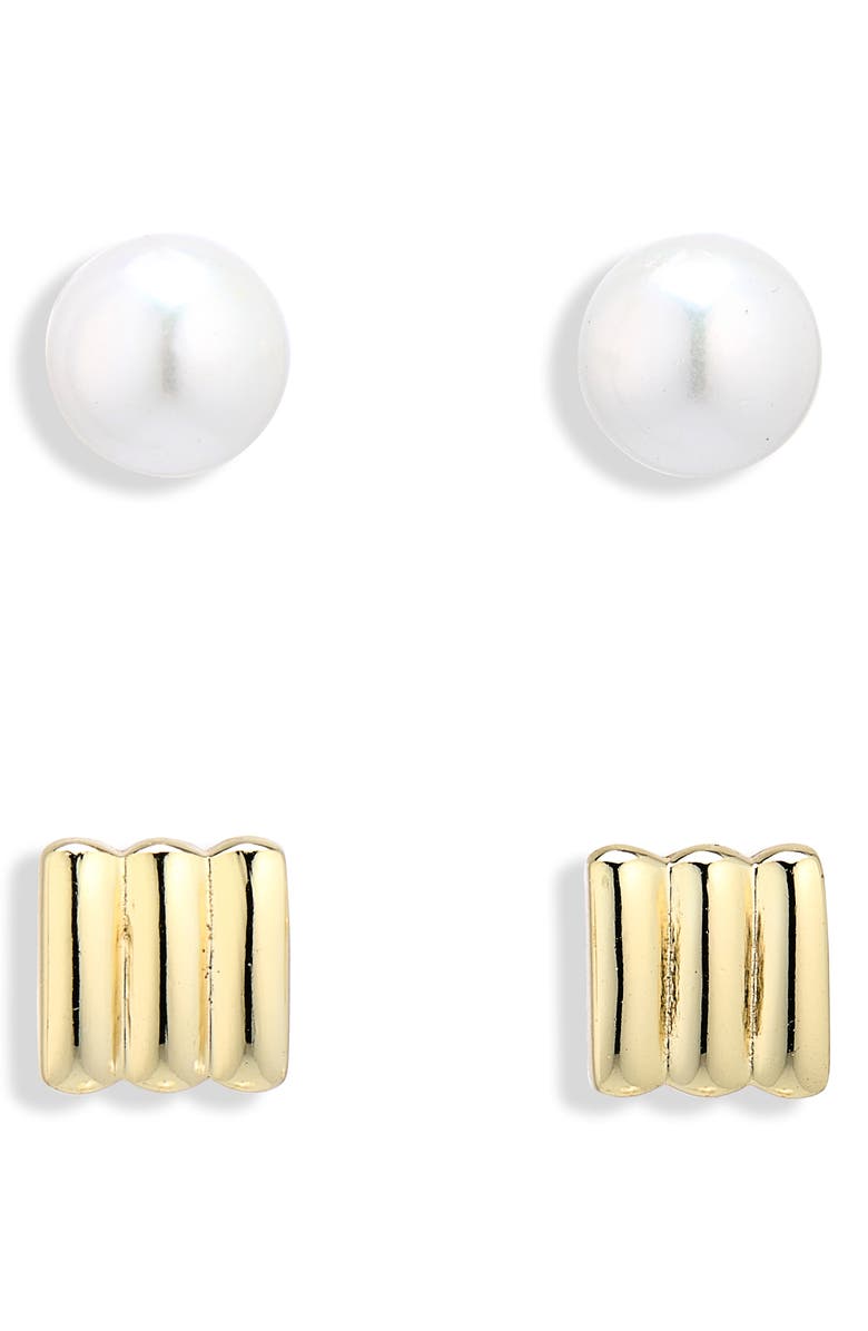 ARGENTO VIVO Set of 2 Freshwater Pearl and Rib Stud Earrings, Main, color, Gold