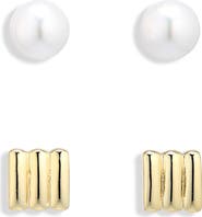 ARGENTO VIVO Set of 2 Freshwater Pearl and Rib Stud Earrings