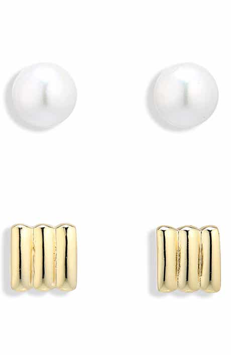 ARGENTO VIVO Set of 2 Freshwater Pearl and Rib Stud Earrings