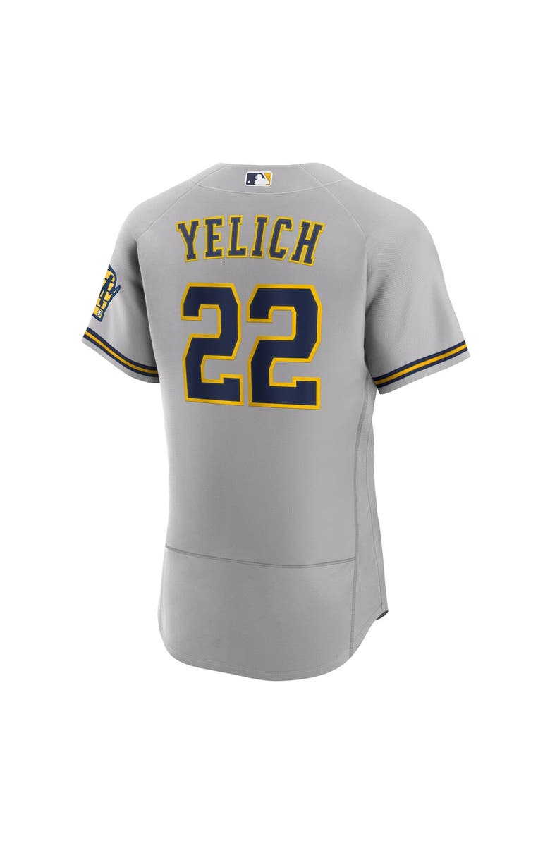 Nike Men's Nike Christian Yelich Gray Milwaukee Brewers Road Authentic Player Logo Jersey, Alternate, color, 