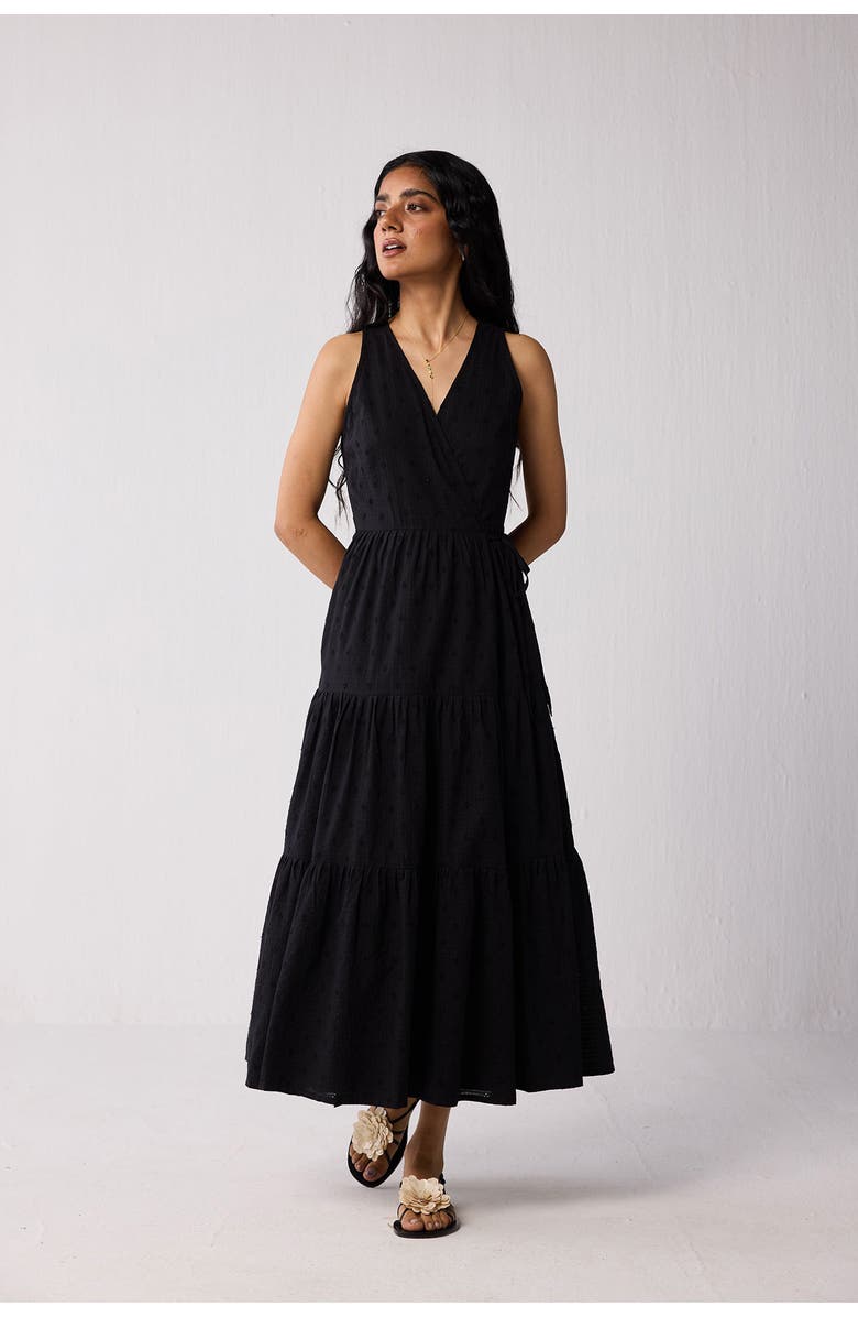 Reistor Sleeveless Embroidered Wrap Dress with Tiers, Alternate, color, Black