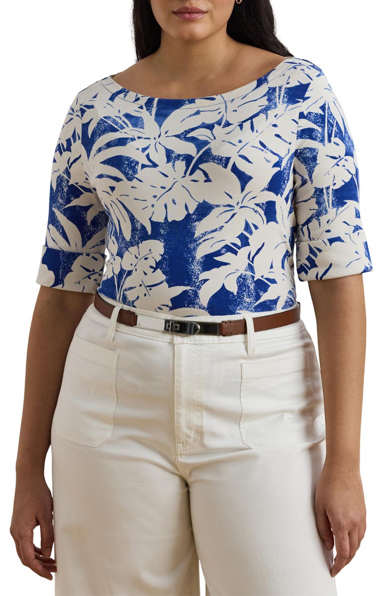 Lauren Ralph Lauren Palm Front Print Stretch Cotton Boatneck T-Shirt, Main, color,