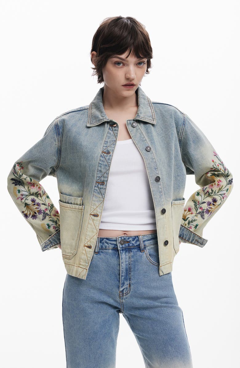 Desigual Floral Embroidery Ombré Crop Wide Leg Jeans, Alternate, color, Blue