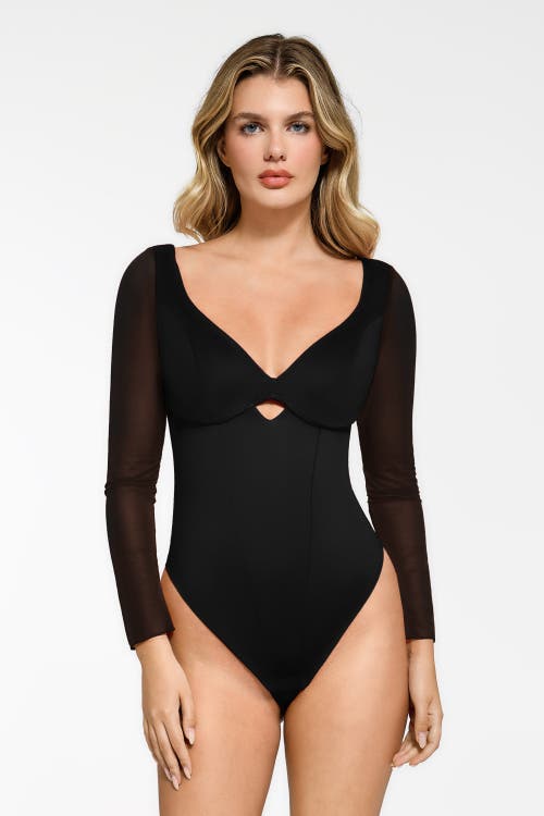 Popilush Shapewear Mesh Sleeve Cutout Sweetheart Sculpting Bodysuit In Jet Black
