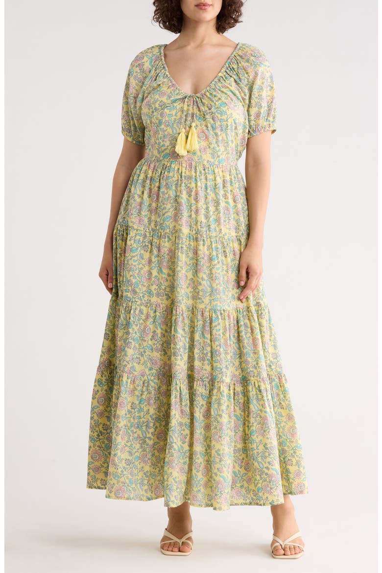 Short Sleeve Tiered Cotton Midi Dress, Main, color, TURQUOISE/ YELLOW