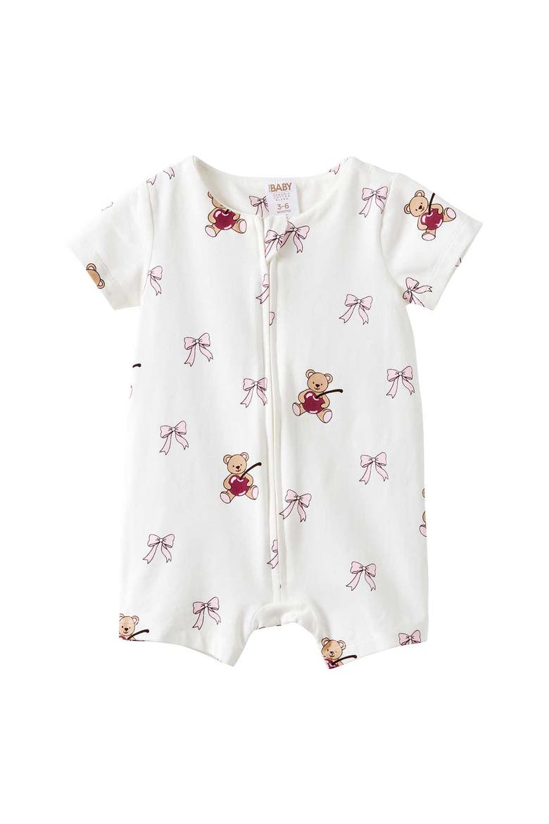 Growie Short Sleeve Zip All In One Romper, Main, color, Vanilla Cherry-Bow Bear