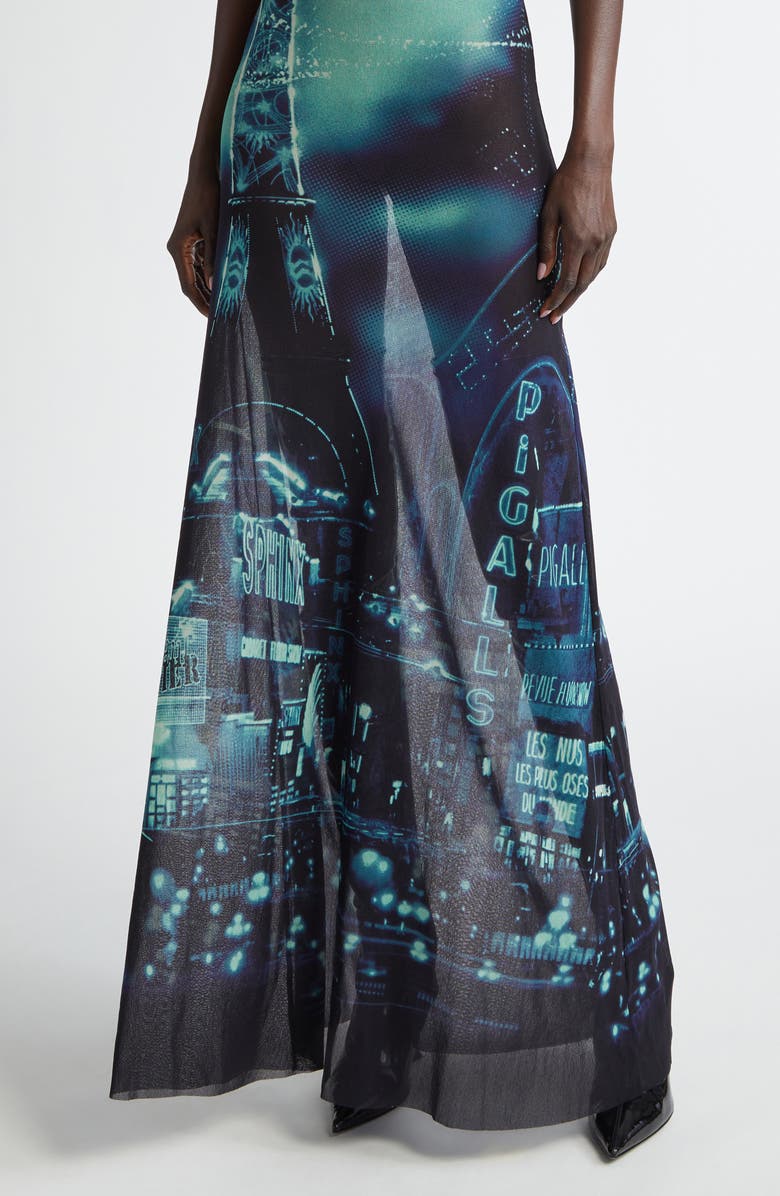 Jean Paul Gaultier City Print Asymmetric Sheer Maxi Dress, Alternate, color, 