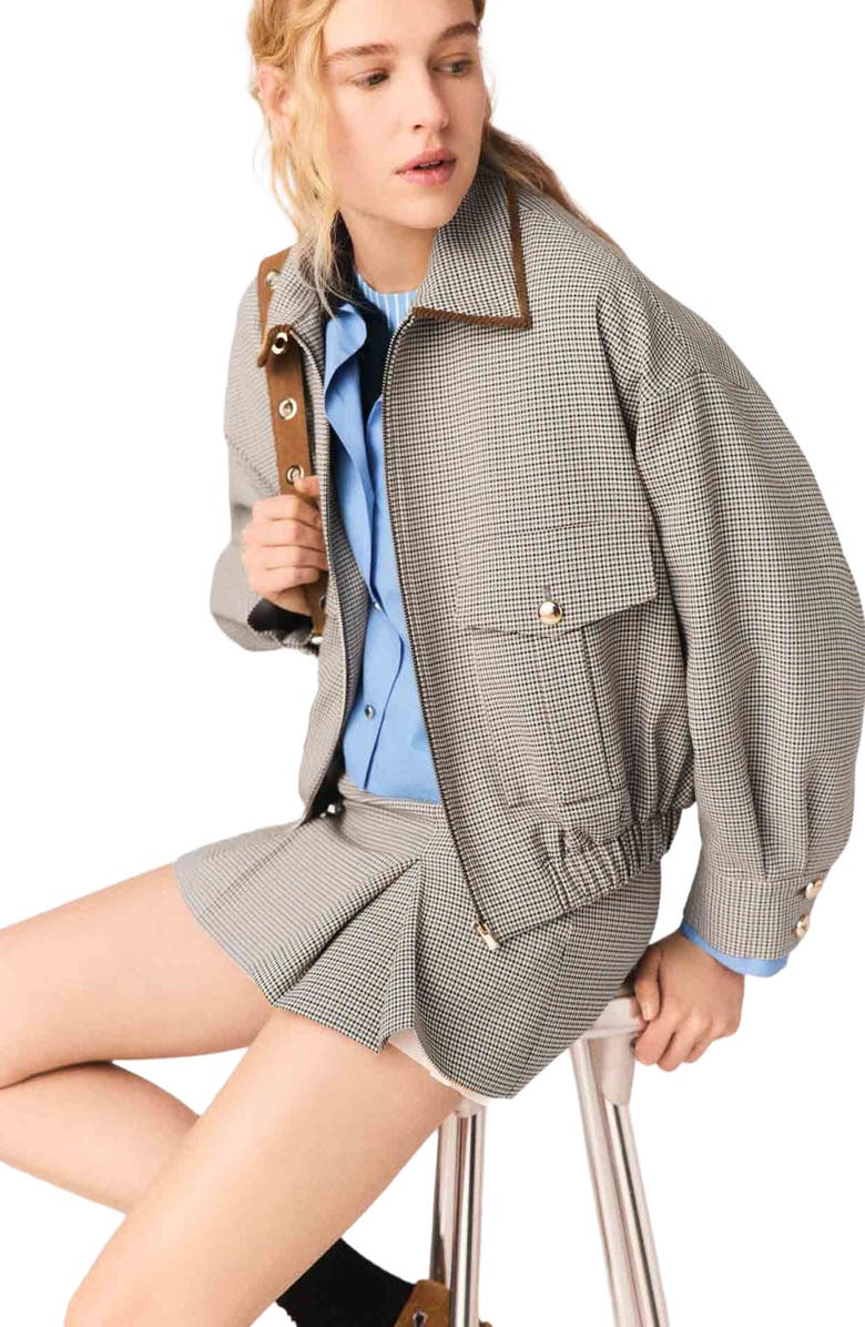 maje Checked bomber jacket, Alternate, color, Brown Checks