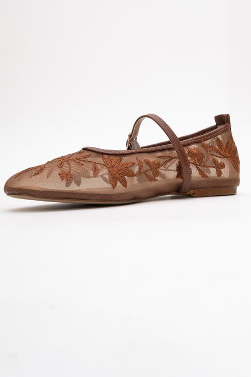 Prologue Shoes Juny Mesh Floral Embroidery Ballet Flat In Brown