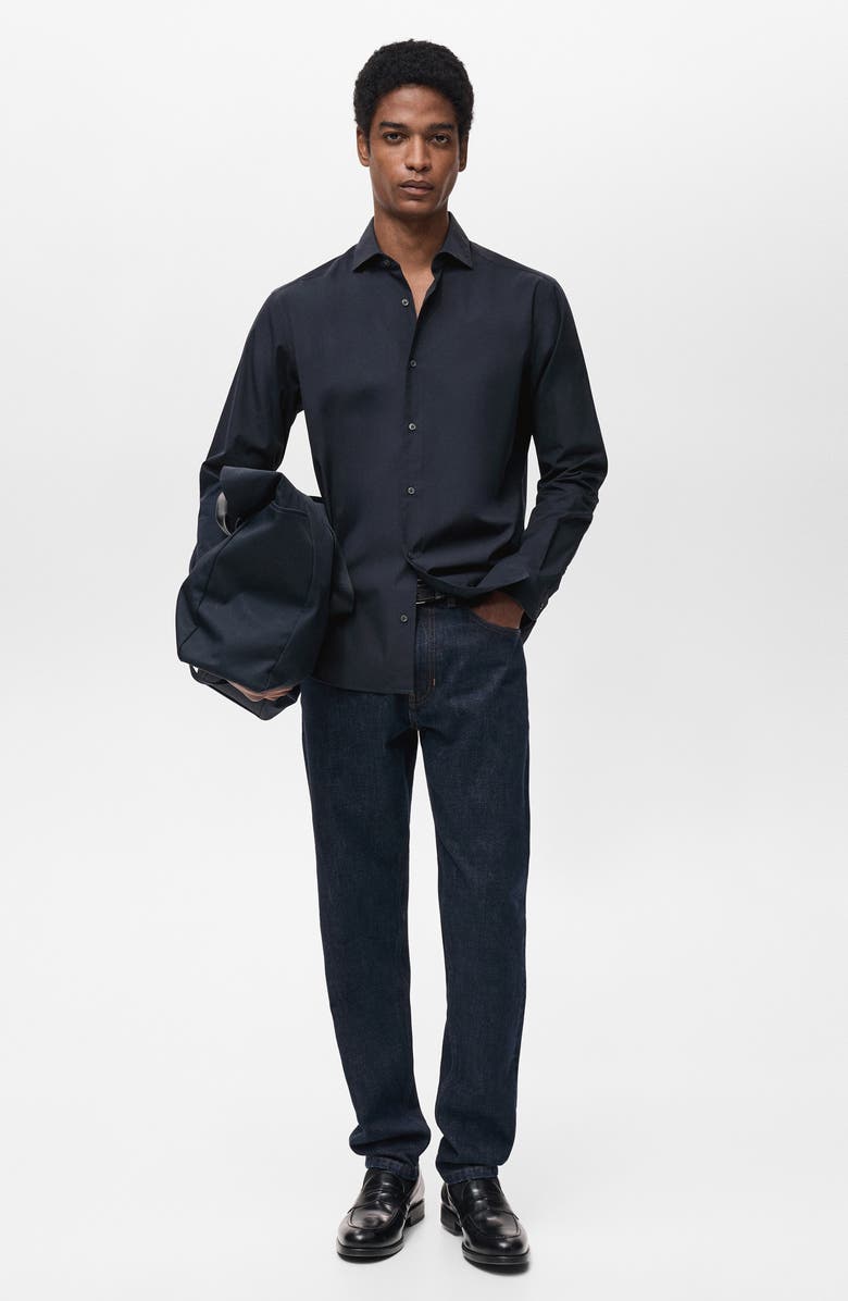 MANGO Regular Fit Solid Cotton Button-Up Shirt, Alternate, color, Dark Navy