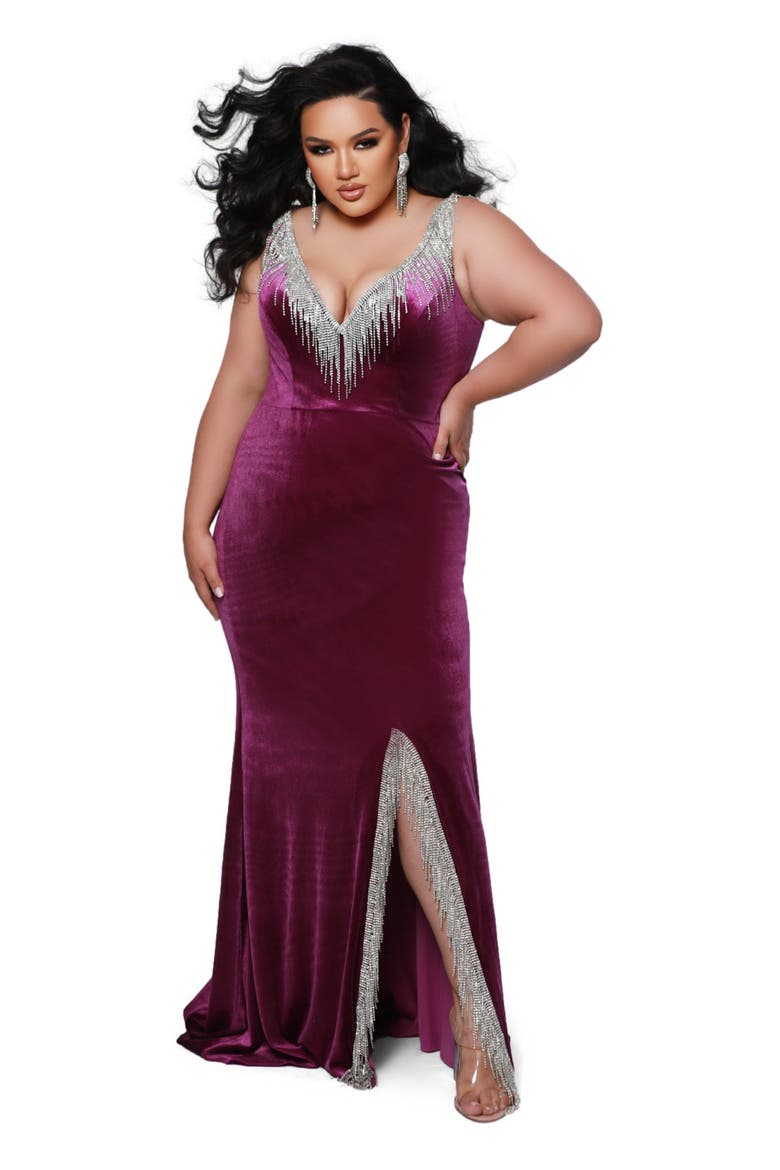 V-neck Rhinestone Fringe Velvet Plus Size Evening Gown, Main, color, Purple