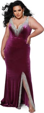 Johnathan Kayne for Sydney's Closet V-neck Rhinestone Fringe Velvet Plus Size Evening Gown