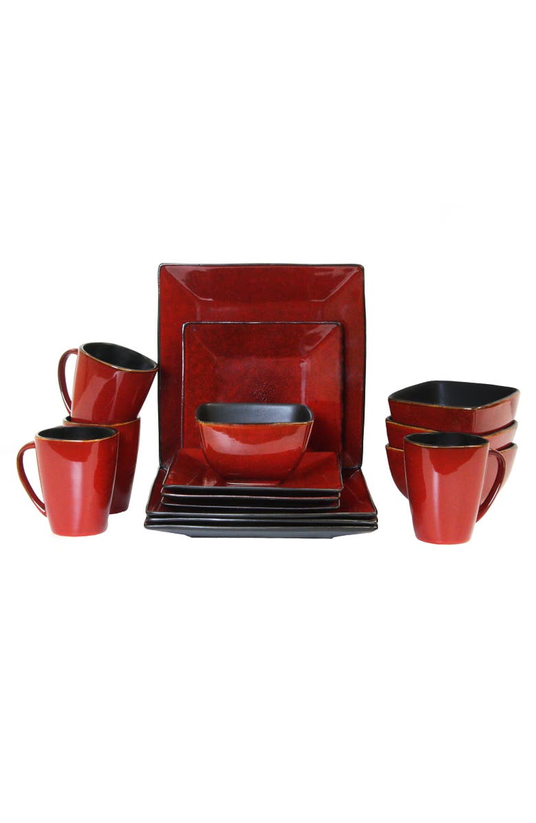 Elama Harland Loft 16 Piece Modern Premium Stoneware set with Complete Setting for 4, Alternate, color, Red