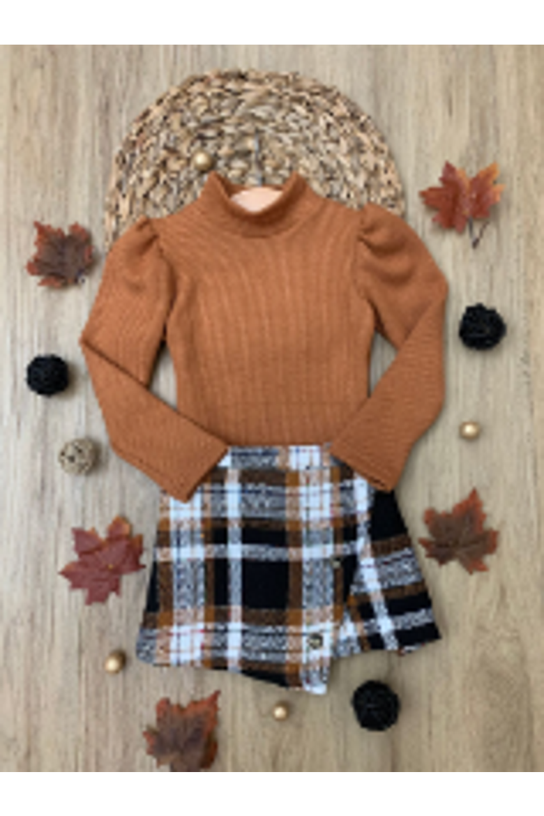 Rust Turtleneck Top and Plaid Skort Set, Alternate, color, Brown