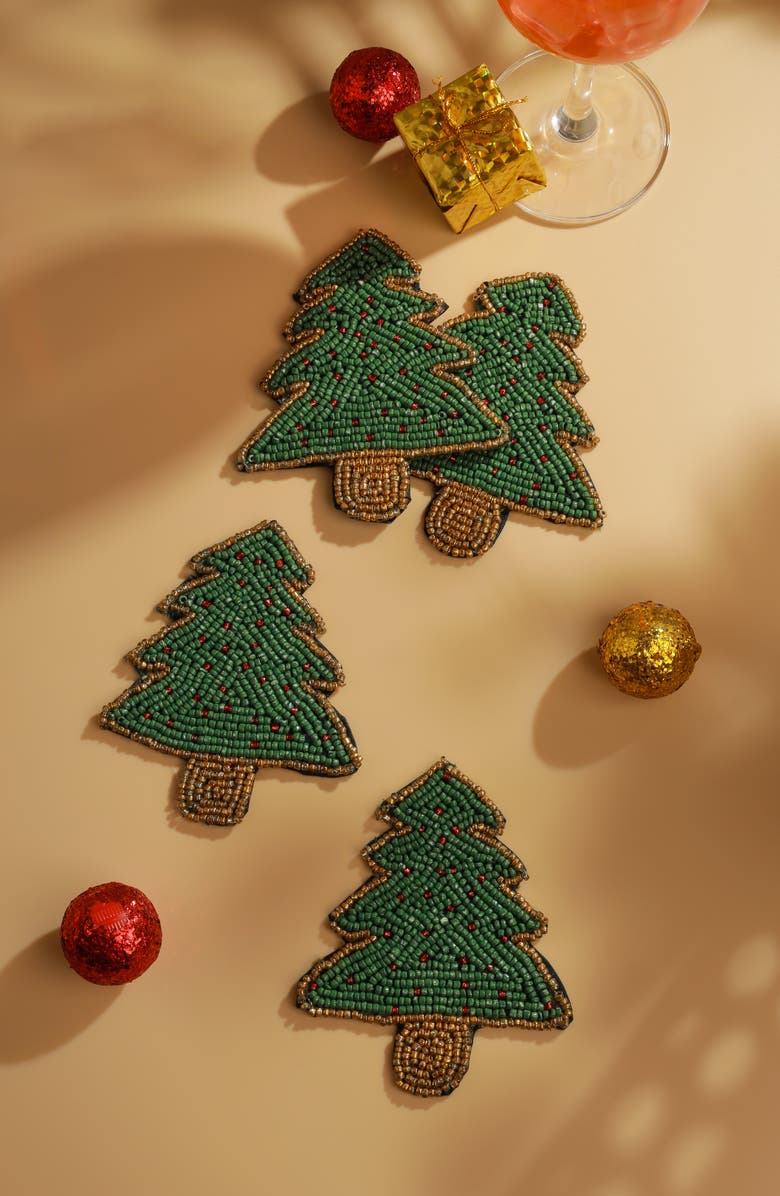 Tiramisu Christmas Tree Set of 4 Beaded Coasters, Alternate, color, Green