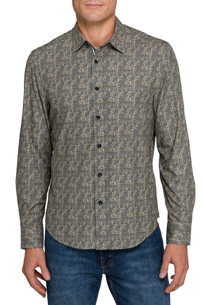 Ornate Print Woven Long Sleeve Basic, Main, color, OLIVE