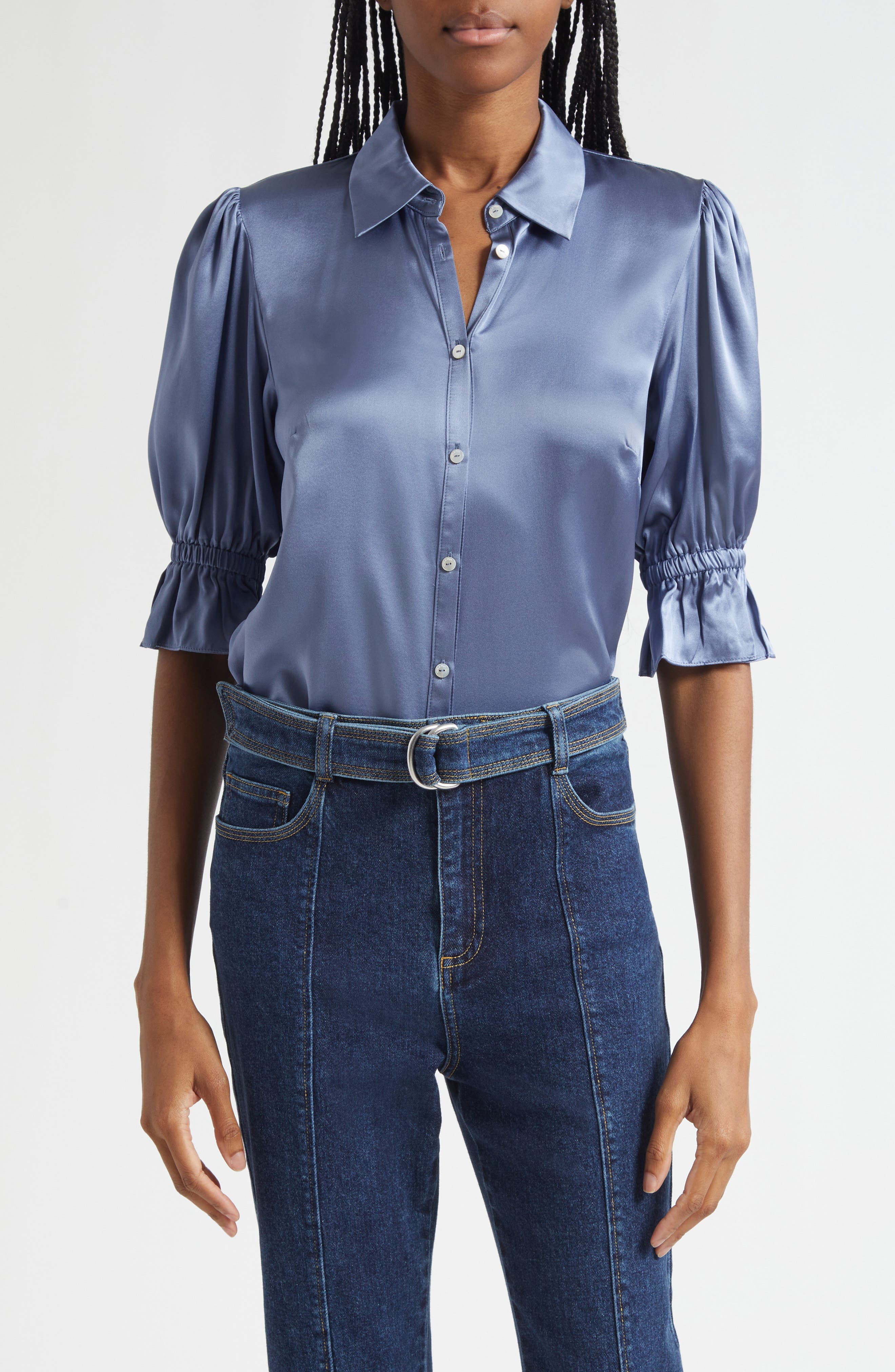 Cinq à Sept Fiona Ruffle Cuff Silk Button-Up Shirt