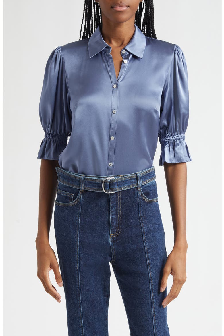 Fiona Ruffle Cuff Silk Button-Up Shirt, Main, color, IRIS SLATE