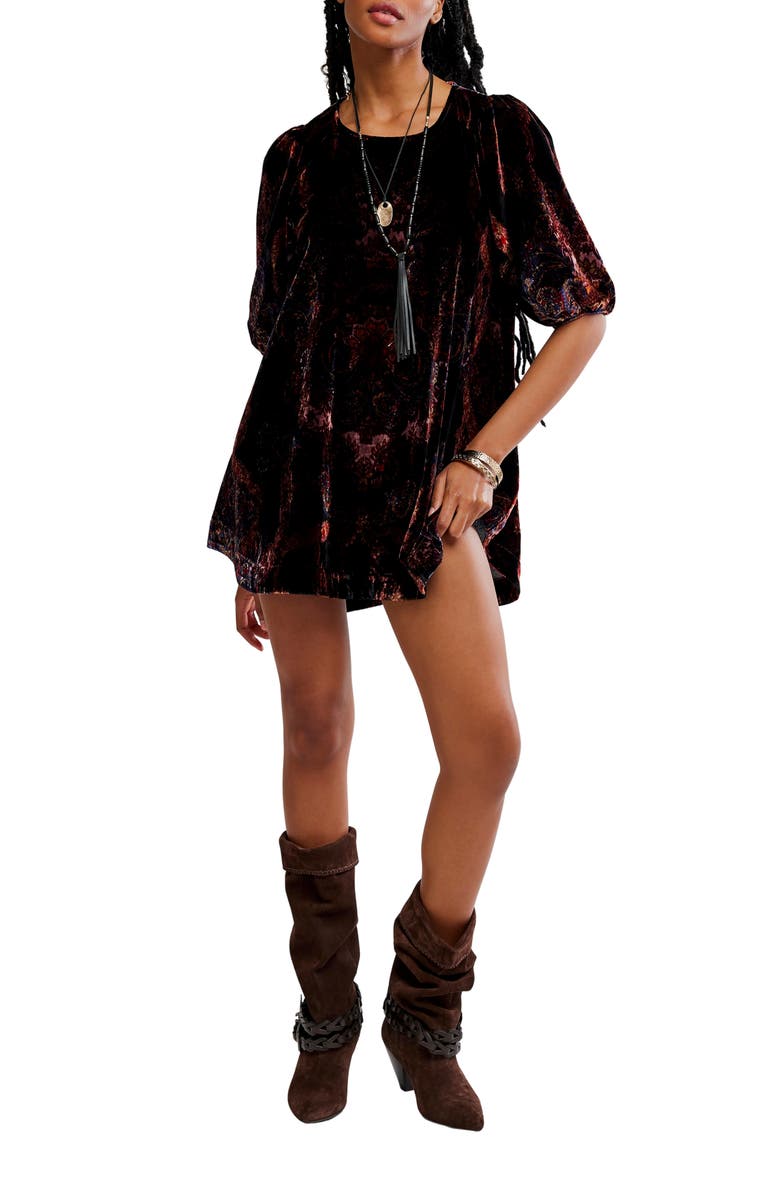 Free People Maye Print Puff Sleeve Velvet Tunic Top, Main, color, Dark Black Combo