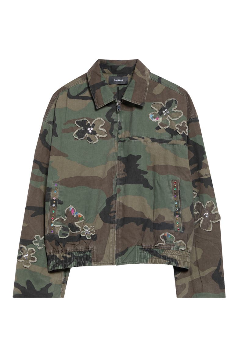 Crystal Embellished Floral Patch Camouflage Print Cotton Twill Jacket, Main, color, CAMO TWILL