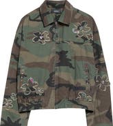 NAHMIAS Crystal Embellished Floral Patch Camouflage Print Cotton Twill Jacket