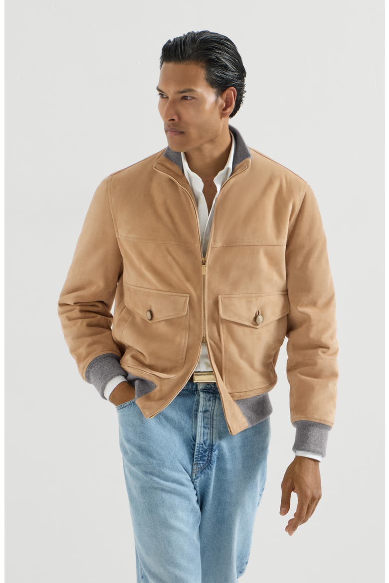 Suede bomber jacket with Thermore® padding, Main, color, Sand