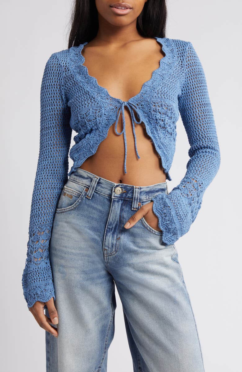 BDG Urban Outfitters Open Stitch Tie Front Crop Cardigan, Main, color, Acid Blue