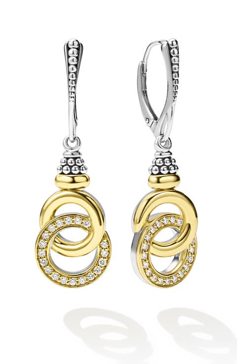 Signature Caviar Two-Tone Interlocking Diamond Drop Earrings