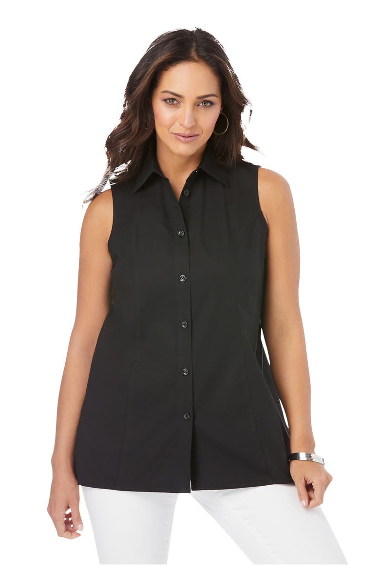 Jessica London Stretch Cotton Poplin Sleeveless Shirt, Alternate, color, Black