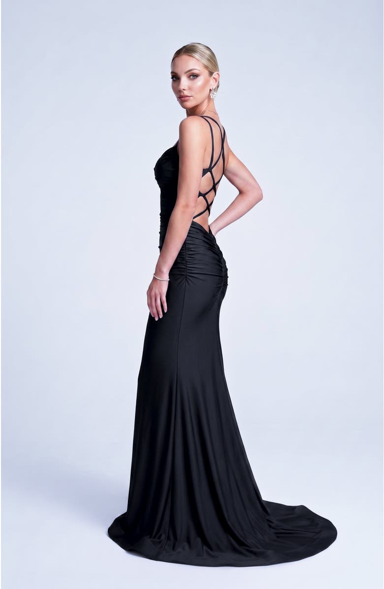 Jessica Angel Ruched Lace-Up Open Back Mermaid Gown, Alternate, color, Black