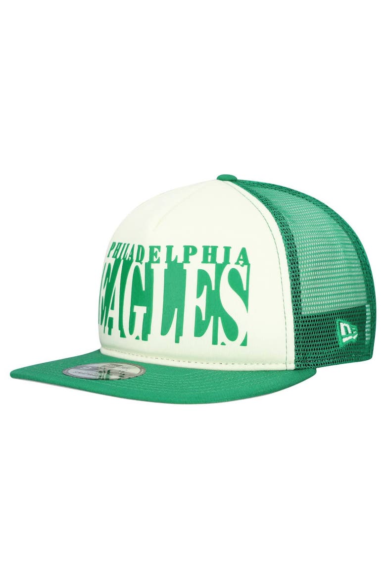 Men's New Era Cream/Kelly Green Philadelphia Eagles Throwback Cutout A-Frame 9FIFTY Snapback Hat, Alternate, color, Cream
