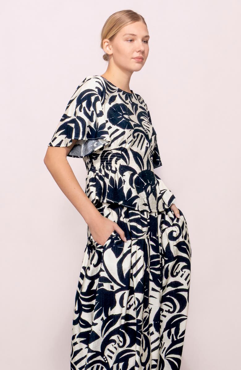 MELLODAY Smocked Waist Short Sleeve Top, Alternate, color, Navy/ White