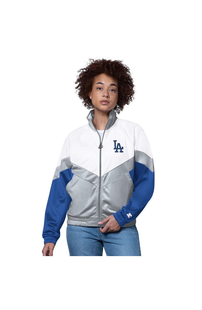 STARTER Women's Starter White/Gray Los Angeles Dodgers Teamwork Raglan Full-Zip Track Jacket, Main, color,