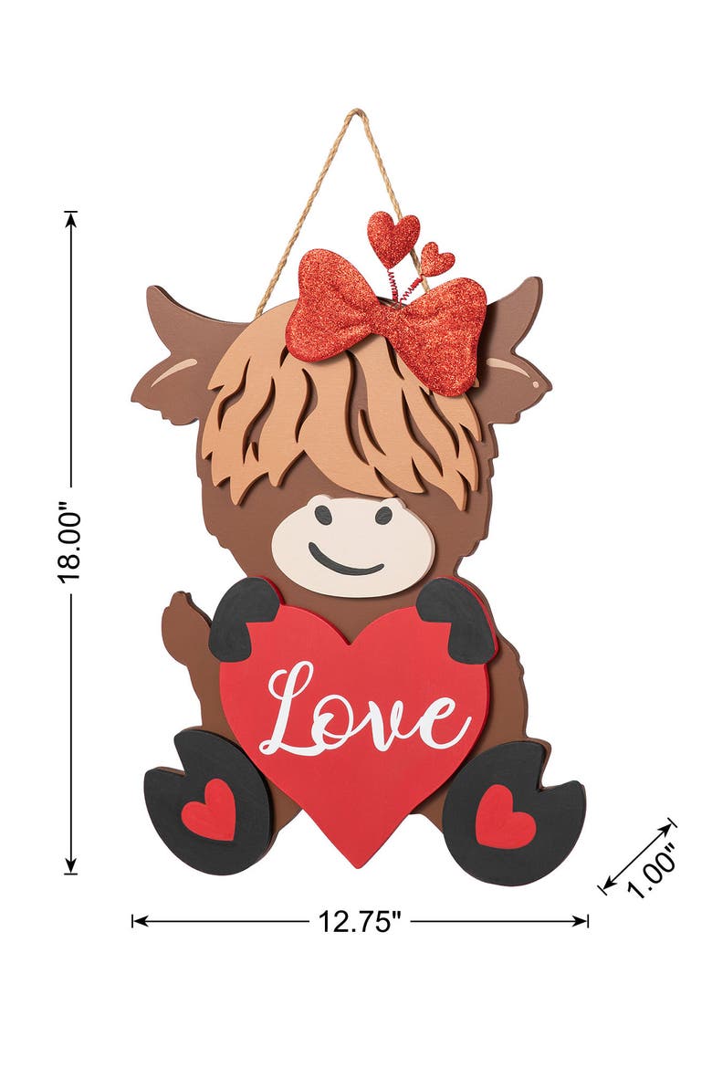 18"H Valentine's Wooden Highland Cow with Heart Door Hanger, Alternate, color, Red