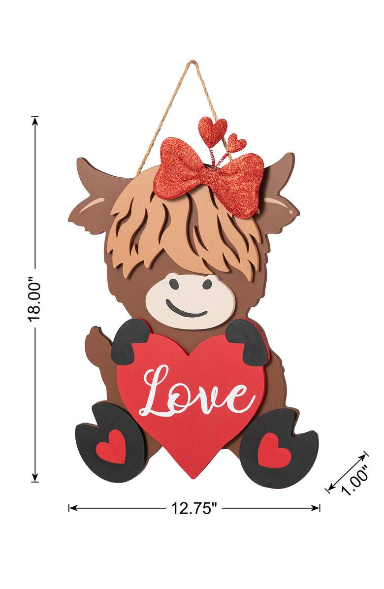 Glitzhome 18"H Valentine's Wooden Highland Cow with Heart Door Hanger, Alternate, color, Red
