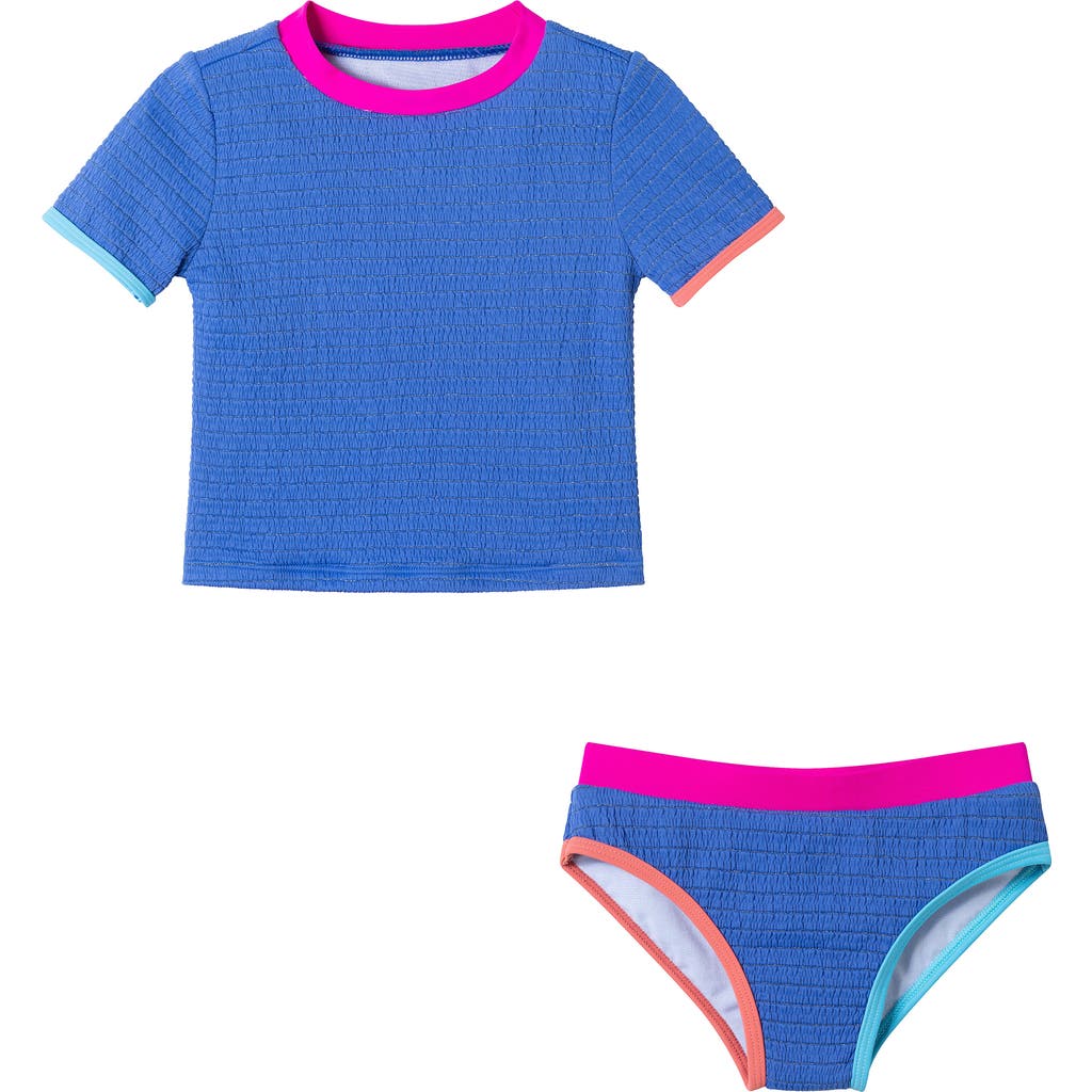 ANDY & EVAN ANDY & EVAN KIDS' METALLIC TEXTURED SHORT SLEEVE TWO-PIECE RASHGUARD SWIMSUIT