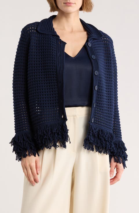 Fringe Trim Open Stitch Cardigan