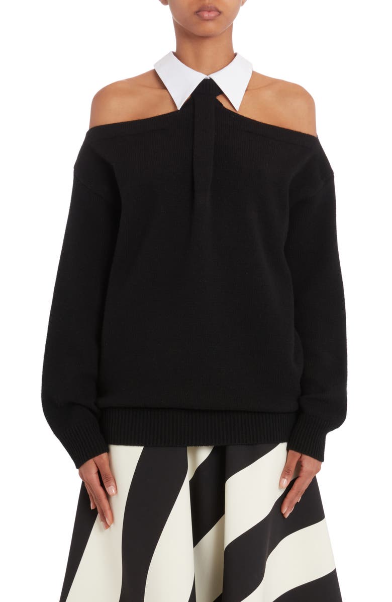 Valentino Cold Shoulder Virgin Wool Sweater, Main, color, Nero/ Bianco