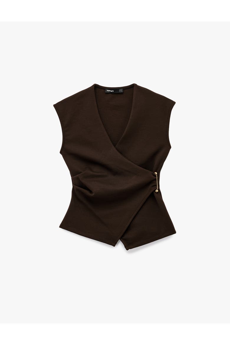 Sleeveless V-Neck Wrap Top with Accessory Detail, Alternate, color, BROWN