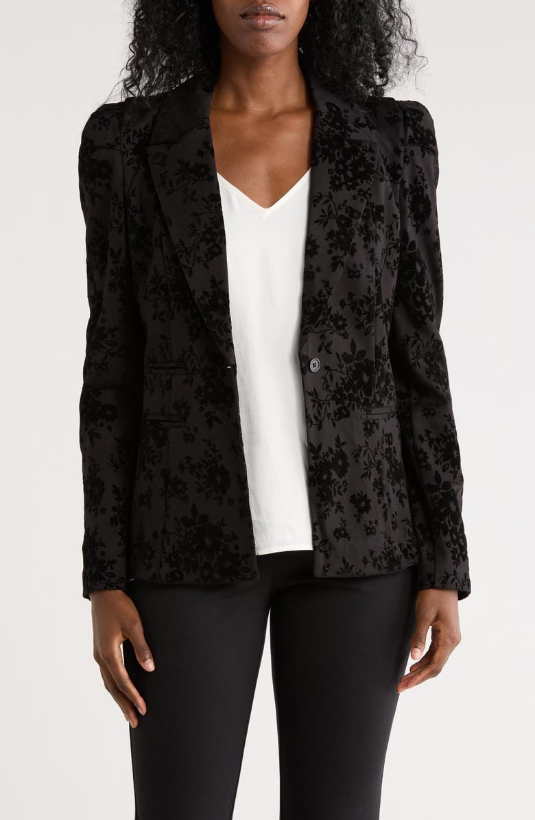 Nicole Miller Floral Flocked Ponte Blazer, Main, color, Very Black