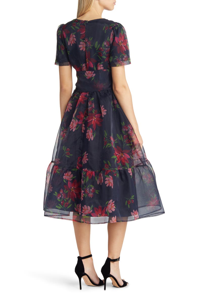 Floral Print Tie Waist Organza Midi Dress (Nordstrom Exclusive), Alternate, color, BLACK FLORAL INK