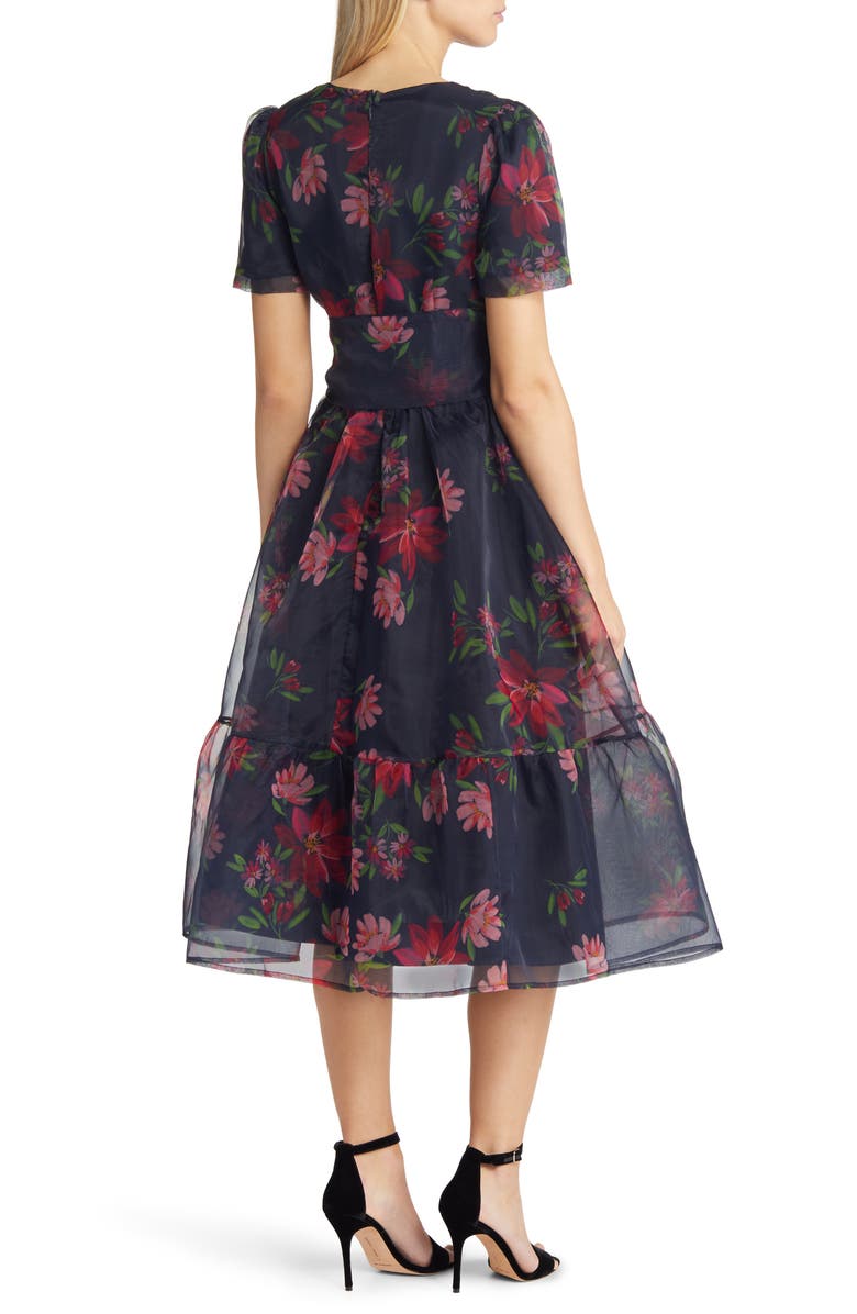 Rachel Parcell Floral Print Tie Waist Organza Midi Dress, Alternate, color, 
