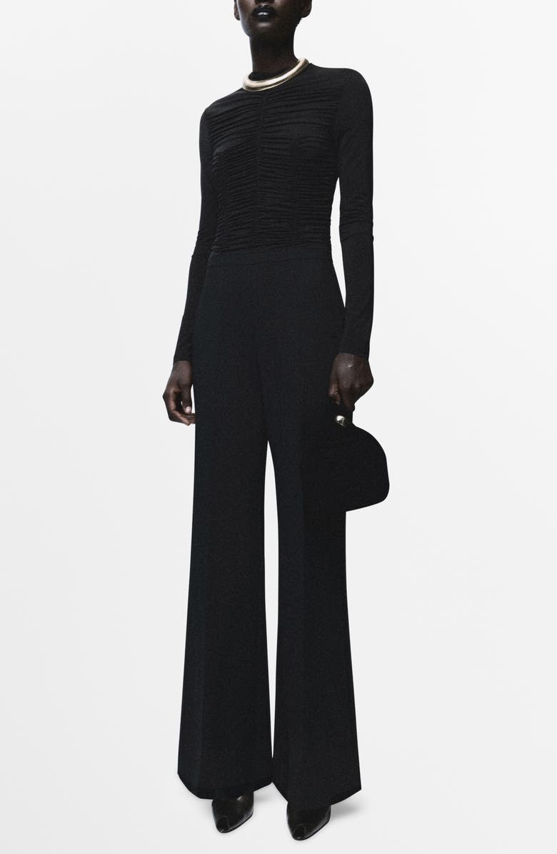 MANGO Ruched Long Sleeve Jumpsuit, Main, color, Black